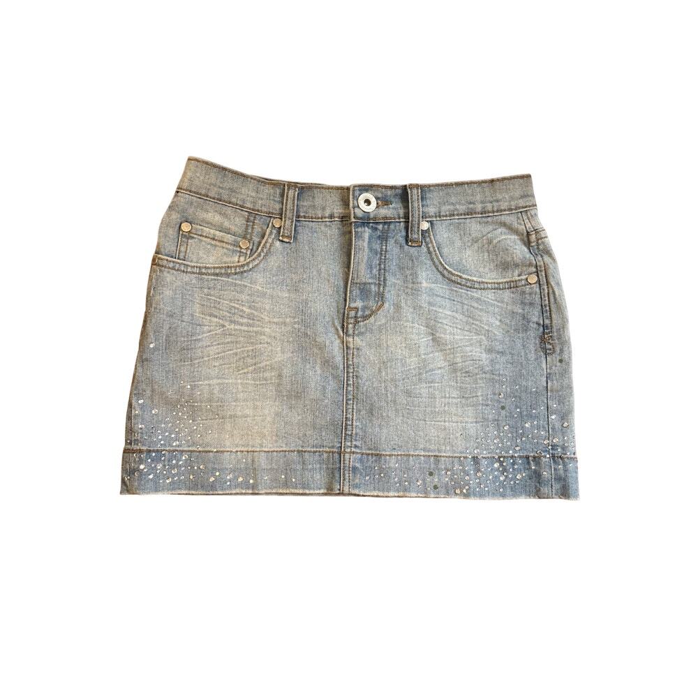 Y2K Vanilla Rhinestone Sequin Denim Mini Skirt Light Wash